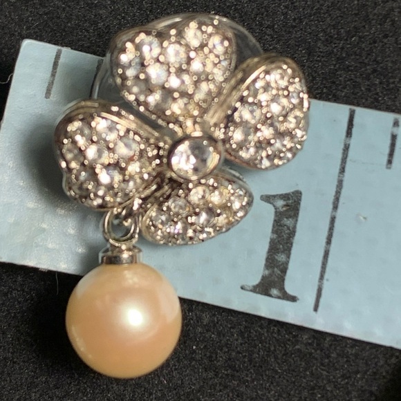 Diamond Encrusted Four Leaf Clover Earrings Set in Silver w/ Pearl Drop Pierced - Picture 4 of 9